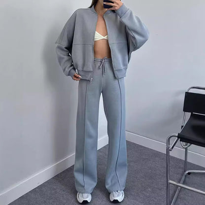 Spring Fashion Solid Color Zipper Cardigan Straight-leg Pants Women's Suit