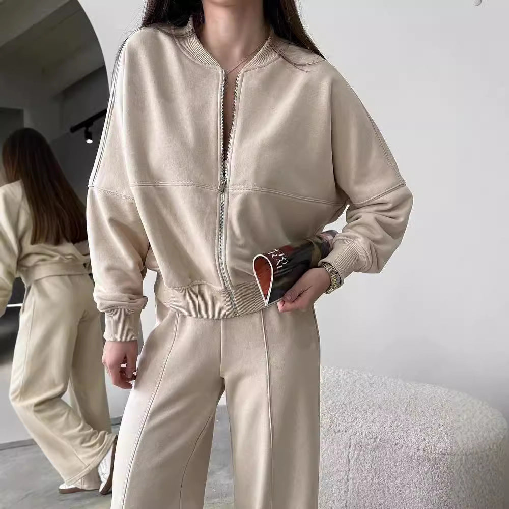 Spring Fashion Solid Color Zipper Cardigan Straight-leg Pants Women's Suit