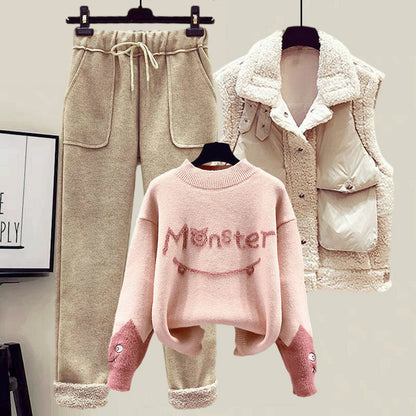 Women's Lamb Wool Vest Slimming Knitted Sweater Casual Pants Three-piece Suit