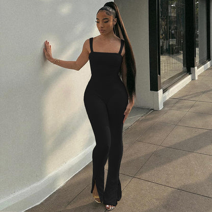 European And American Fashion Women's Wear Solid Color Off-neck Strap Backless Tight Sexy Minimalist Jumpsuit